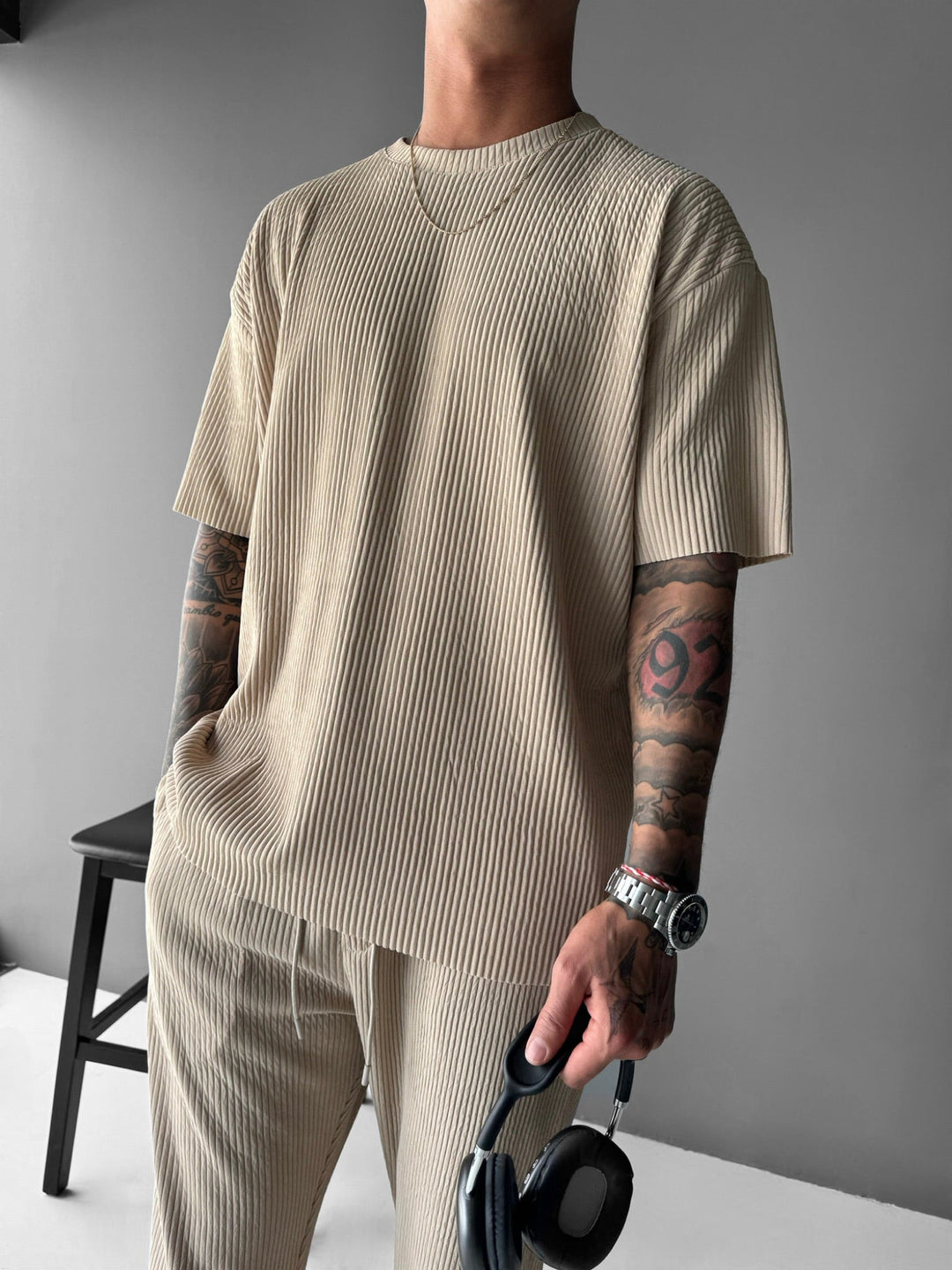 Oversize Ribbad T-Shirt - Beige