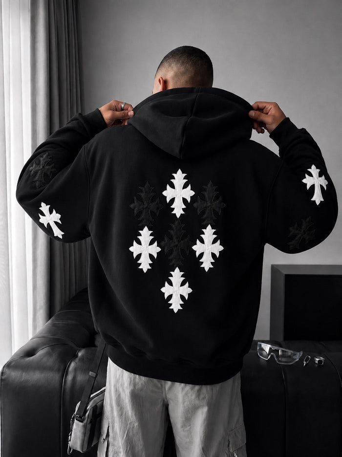 Oversized Gotisk Kors Hoodie - Svart