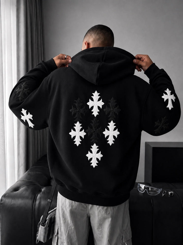 Oversized Gotisk Kors Hoodie - Svart