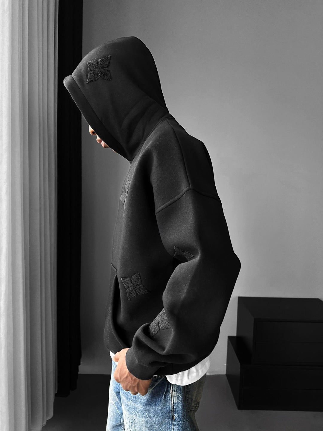 Oversize Detaljerad Hoodie - Svart