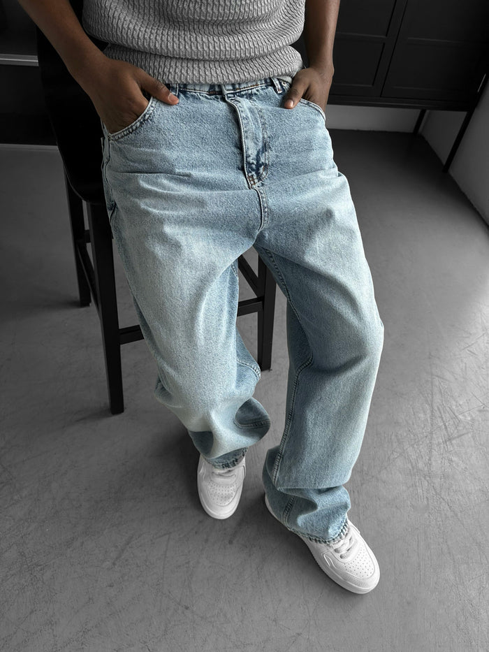 Relax Baggy Tvättade Jeans - Ljusblå