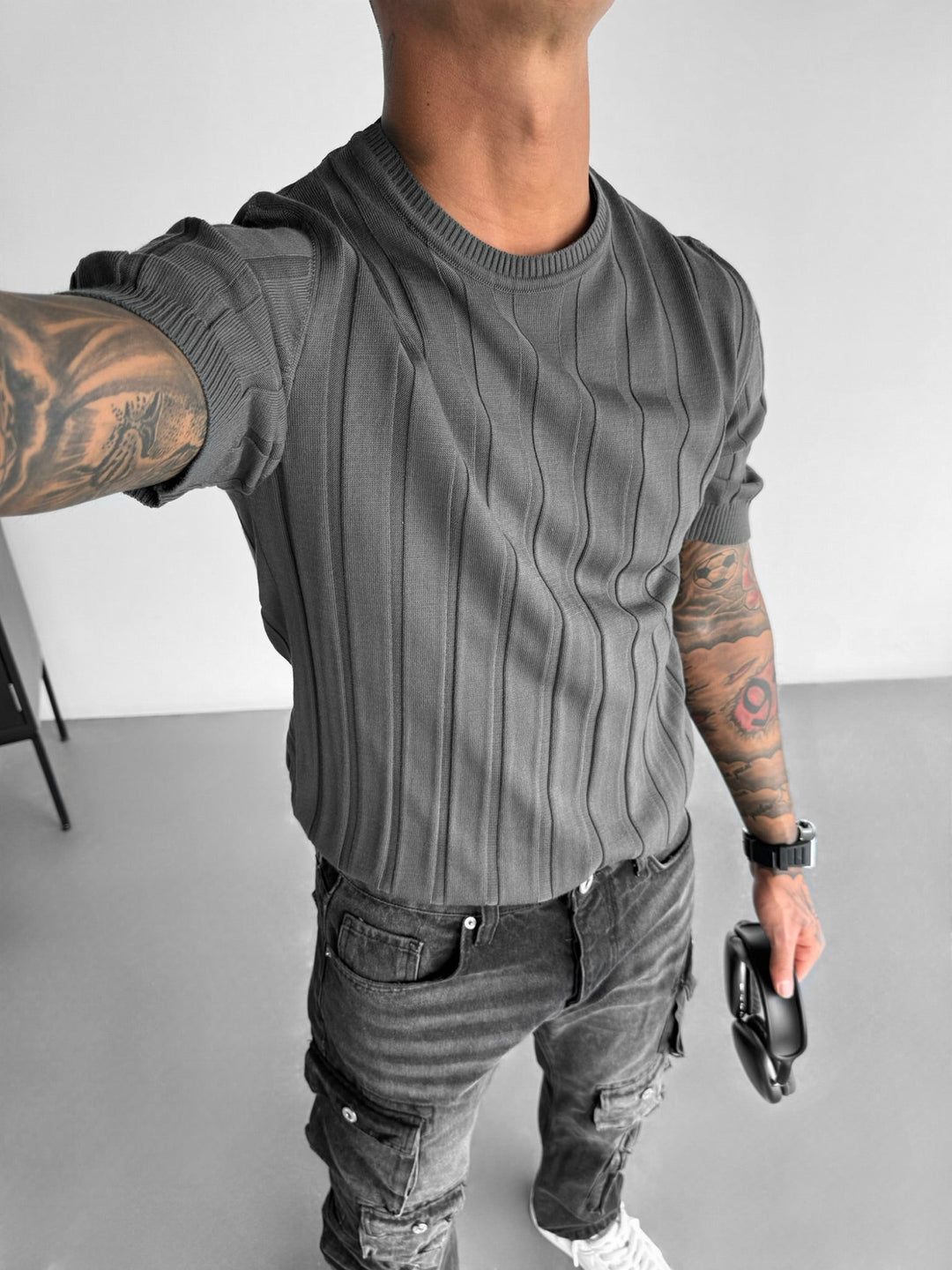 Regular Fit Knit Lines T-shirt - Antracit