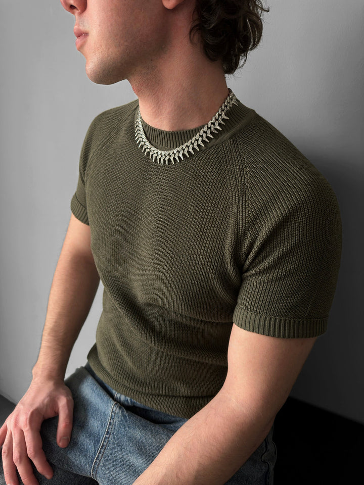 Slim Fit Stickad T-shirt - Khaki
