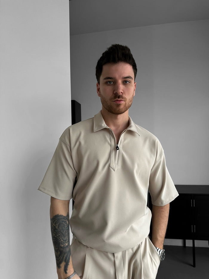 Lös Passform Halv-Zip Polo T-shirt - Beige
