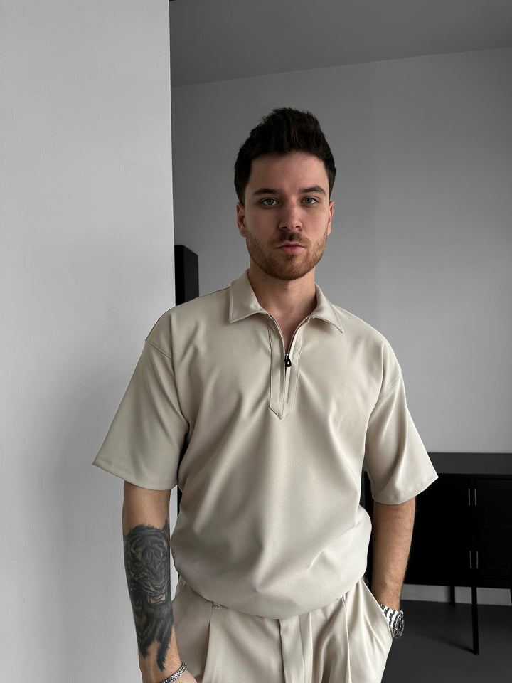 Lös Passform Halv-Zip Polo T-shirt - Beige