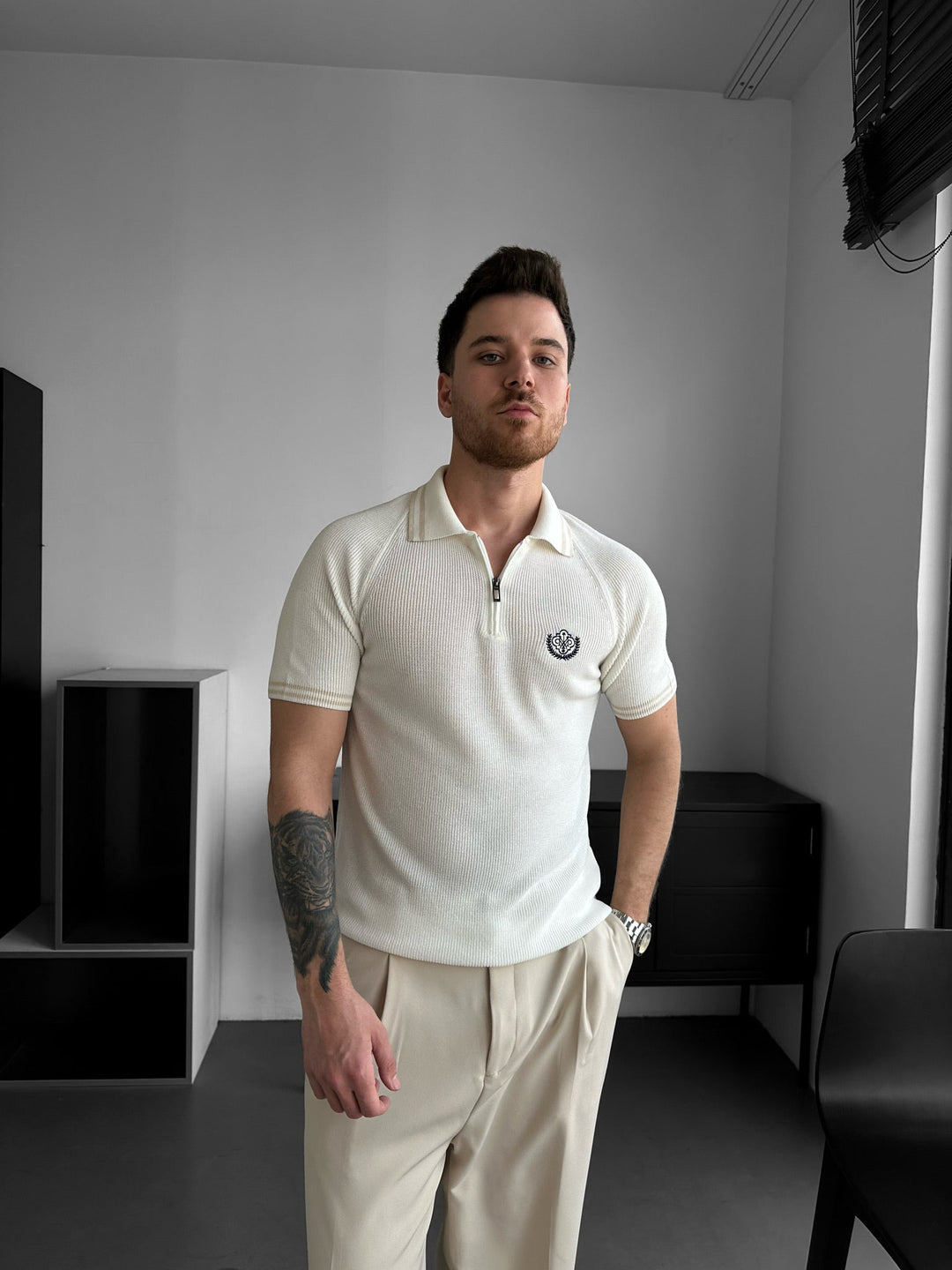 Slim Fit Halv-Zip Broderad Polo T-shirt - Ecru