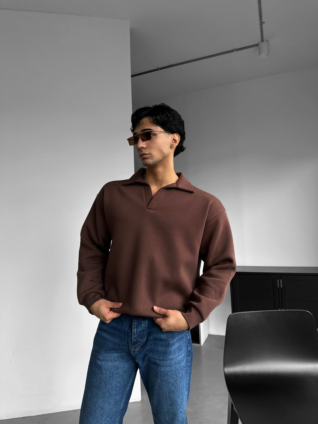 Oversize Basic Polo Sweatshirt - Chokladbrun