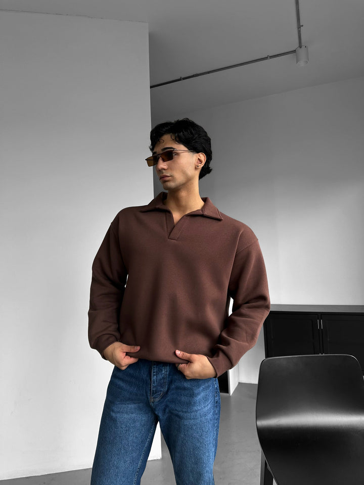 Oversize Basic Polo Sweatshirt - Chokladbrun