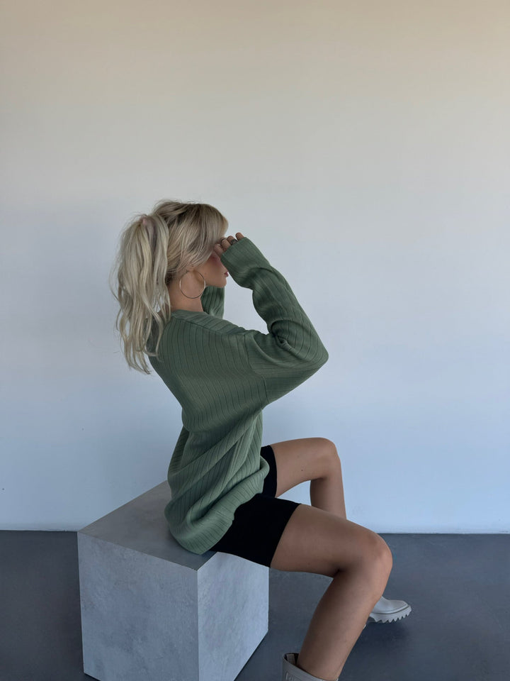 Överdimensionerad Bred Ribbad Långärmad Stickad Sweatshirt - Gräs