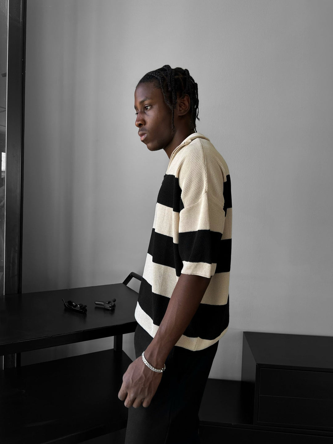 Regular Striped Knit T-shirt - Grädde