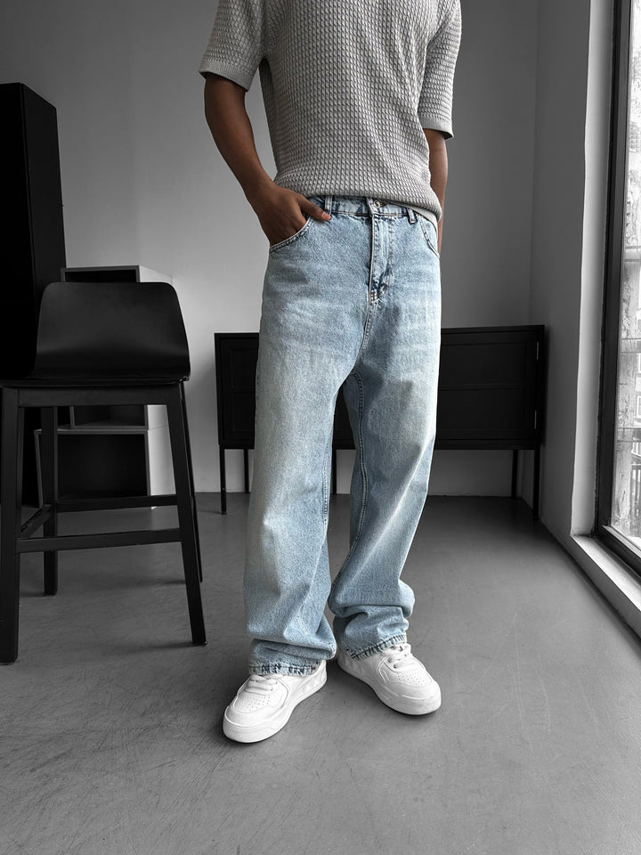 Relax Baggy Tvättade Jeans - Ljusblå