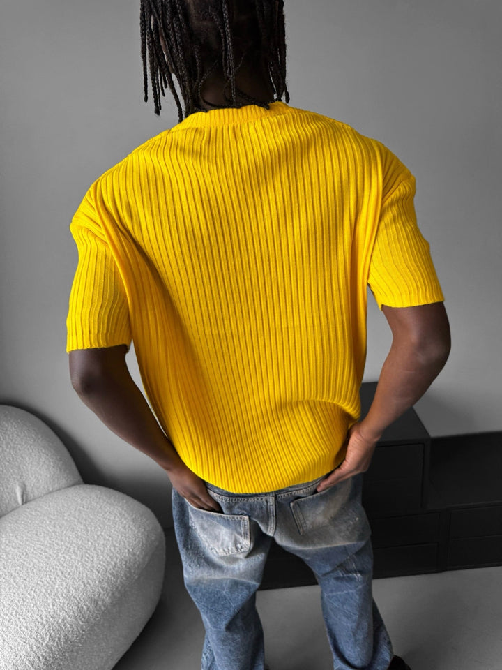 Lös Passform Ribbad Stickad T-Shirt - Gul