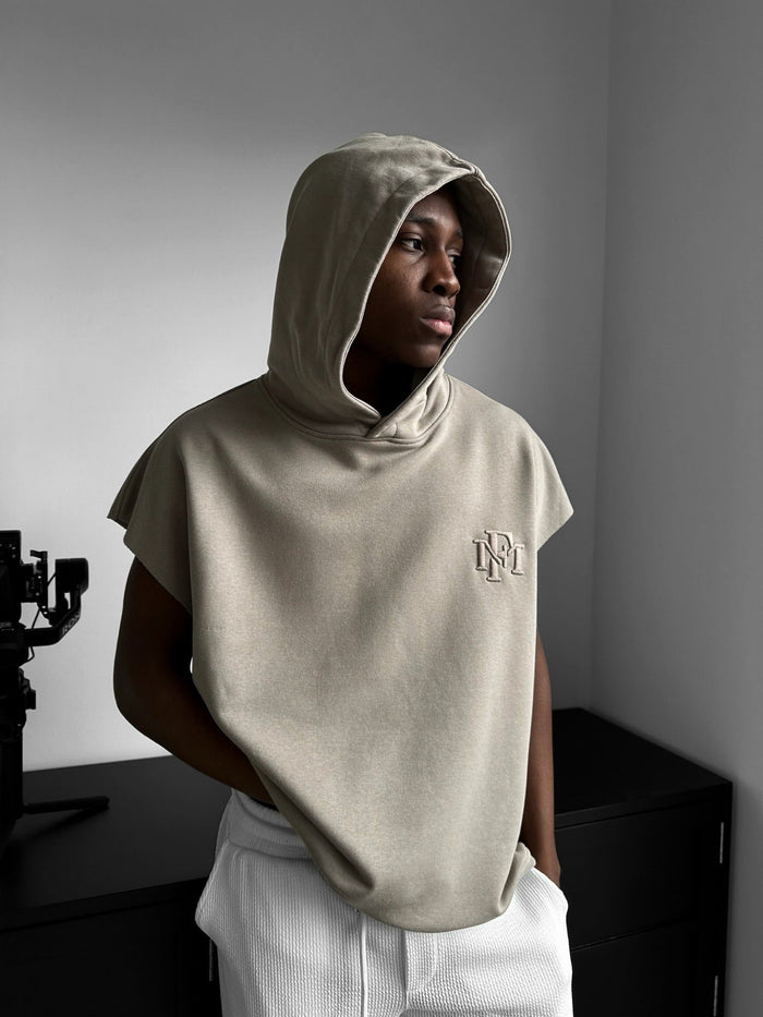 Lös Passform Ärmös Hoodie - Varm Grå Ljus