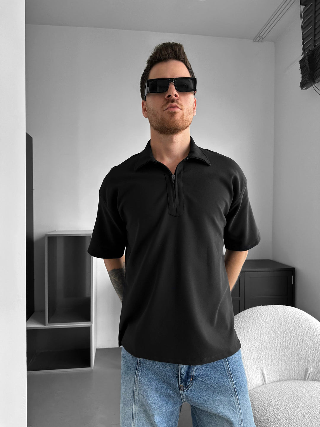 Lös Passform Halv-Zip Polo T-shirt - Svart