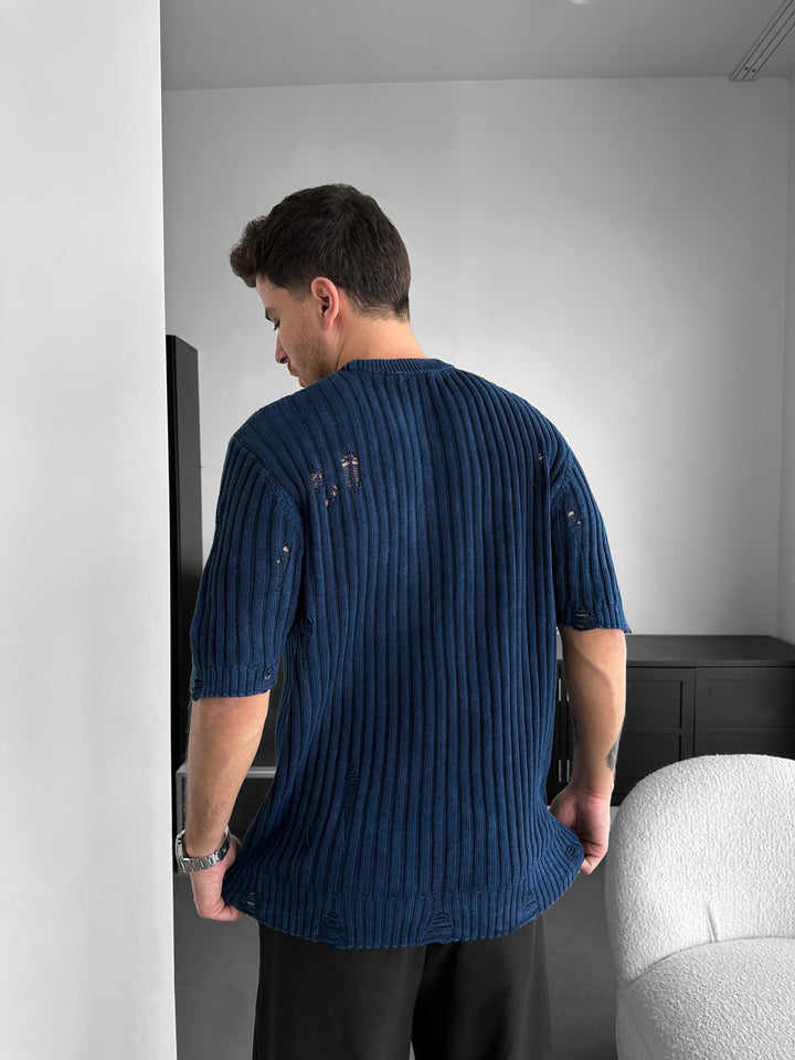 Oversize Torn Tvättad Stickad T-shirt - Blå