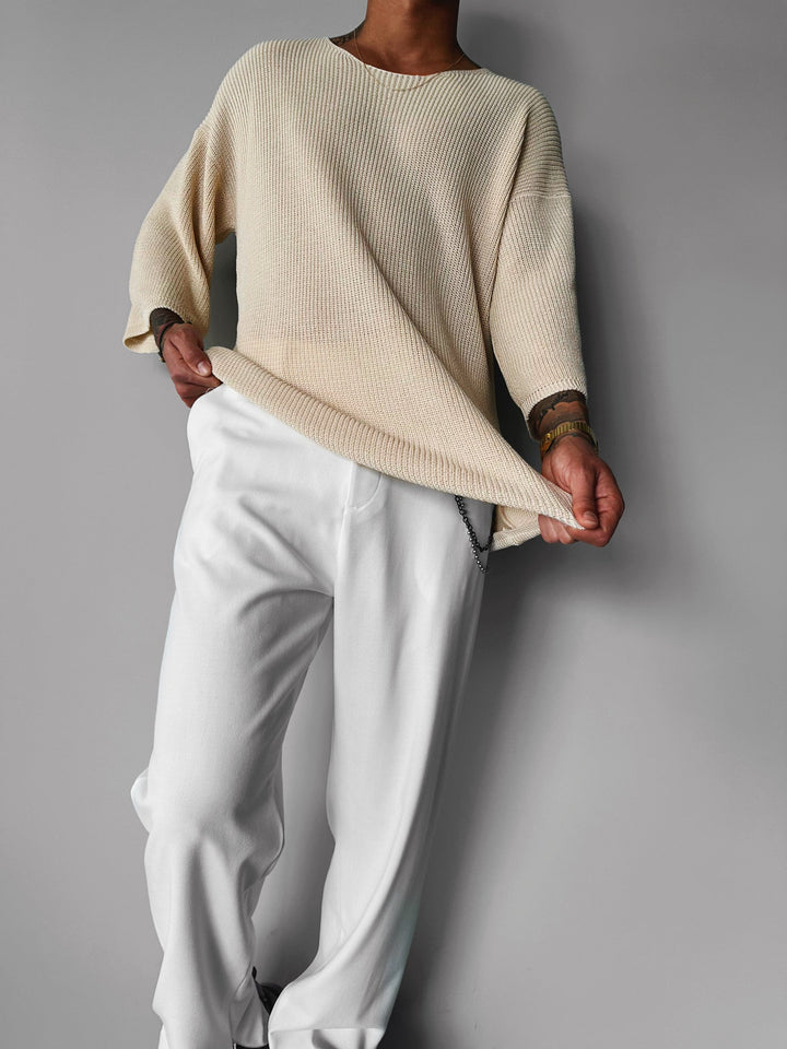 Överdimensionerad Lång Stickad T-Shirt - Beige