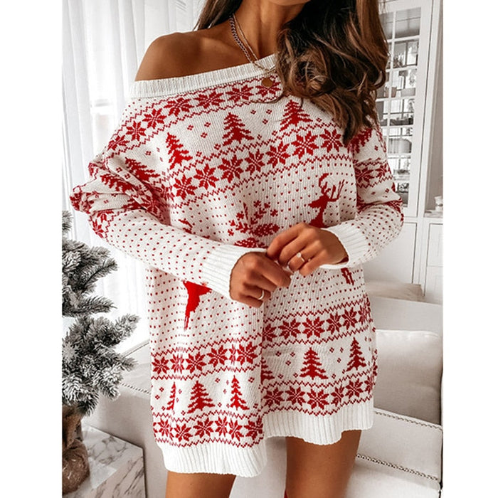 Dam Julklänning Off-Shoulder med Julren och Snöflingor