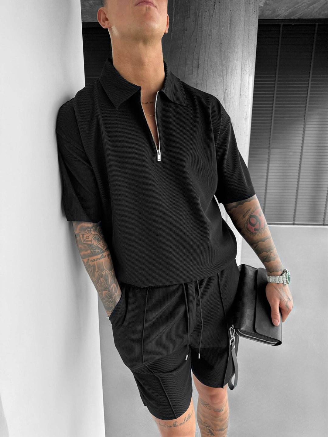 Oversize Textured Zipper Polo T-Shirt - Svart