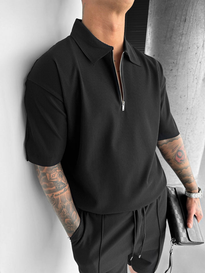 Oversize Textured Zipper Polo T-Shirt - Svart