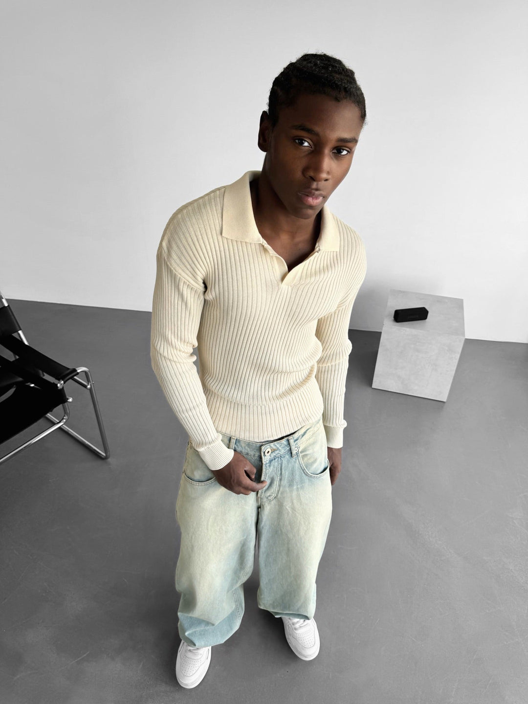 Slim Fit Stickad Polo Tröja - Beige