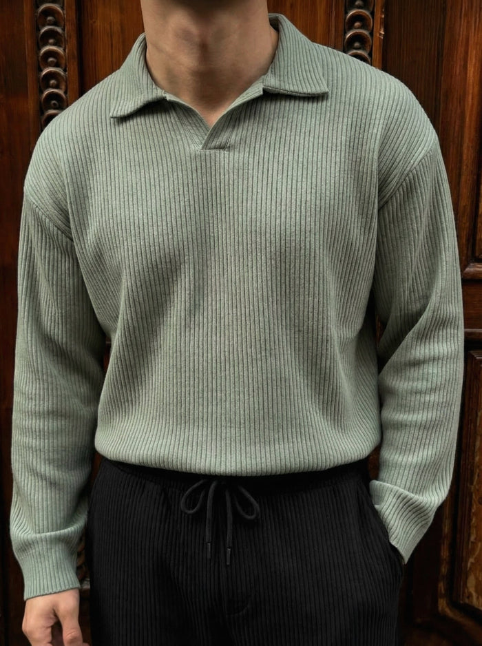 Oversized Ribbad Långärmad Polo T-shirt - Grön