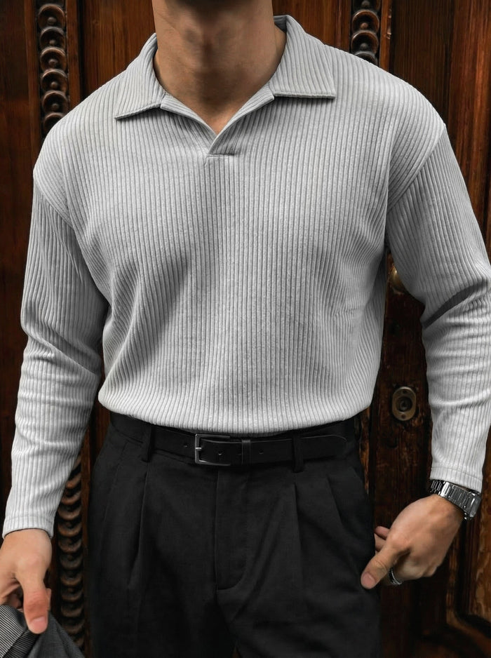 Oversize Ribbad Långärmad Polo T-shirt - Grå