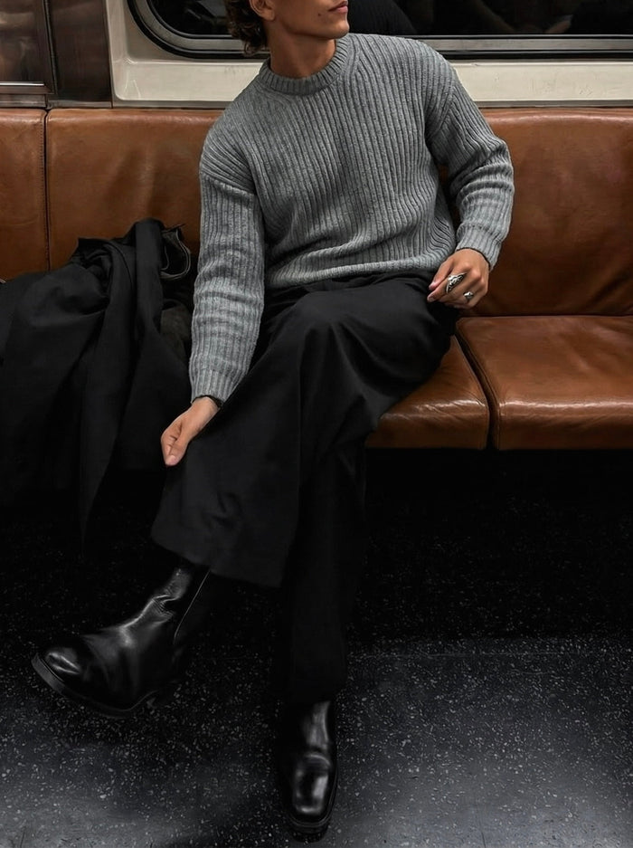 Lös Passform Randig Struktur Pullover - Grå