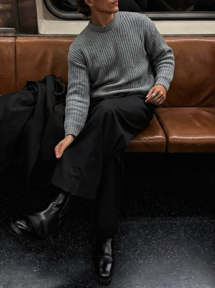 Lös Passform Randig Struktur Pullover - Grå