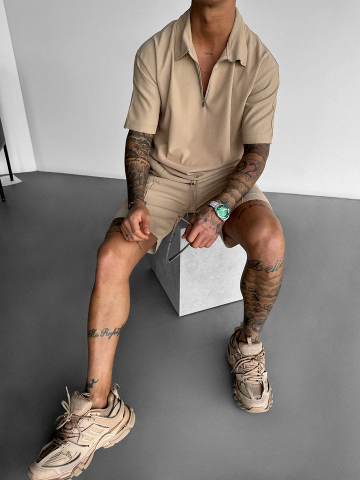 Oversize Textured Zipper Polo T-Shirt - Beige