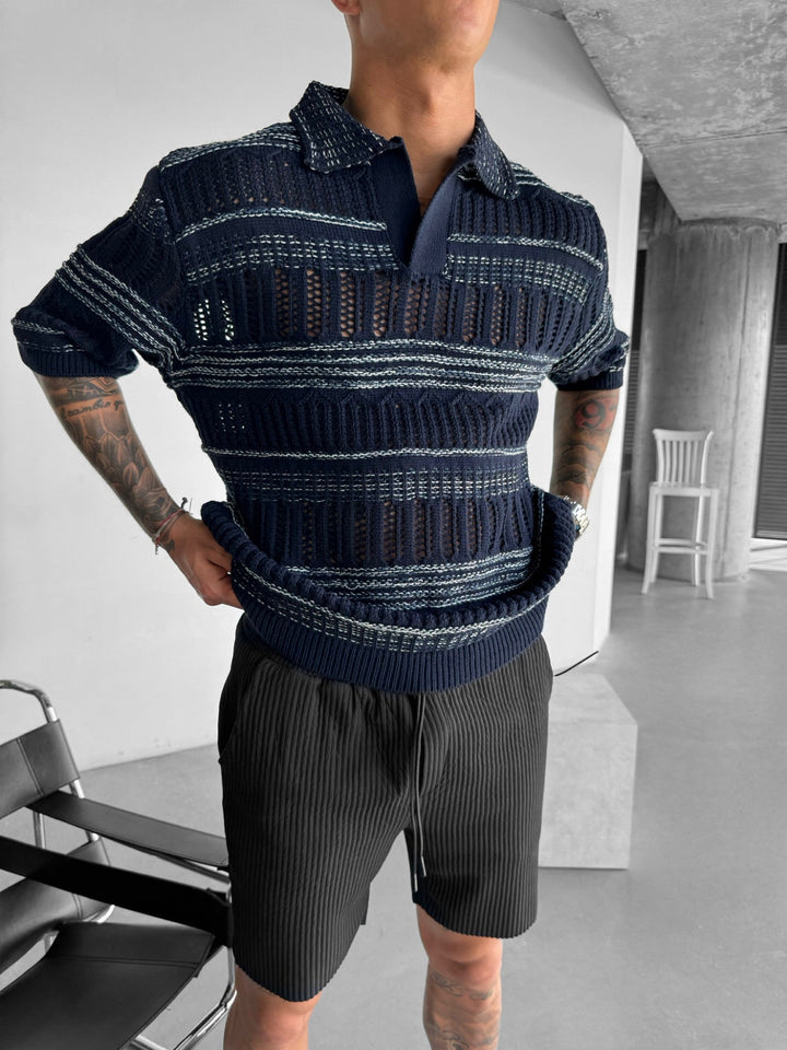 Oversize Stickad Polo T-Shirt - Indigo