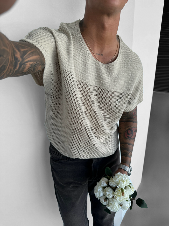 Överdimensionerad Texturerad Stickad T-shirt - Creme