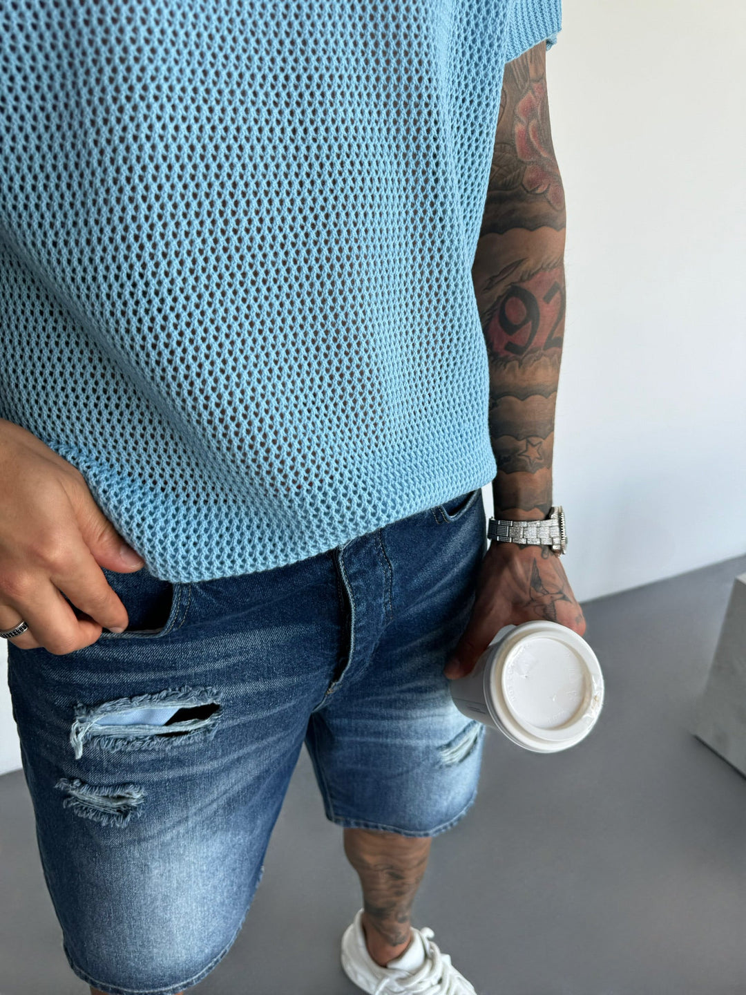 Oversize Texturerad Stickad T-shirt - Babyblå