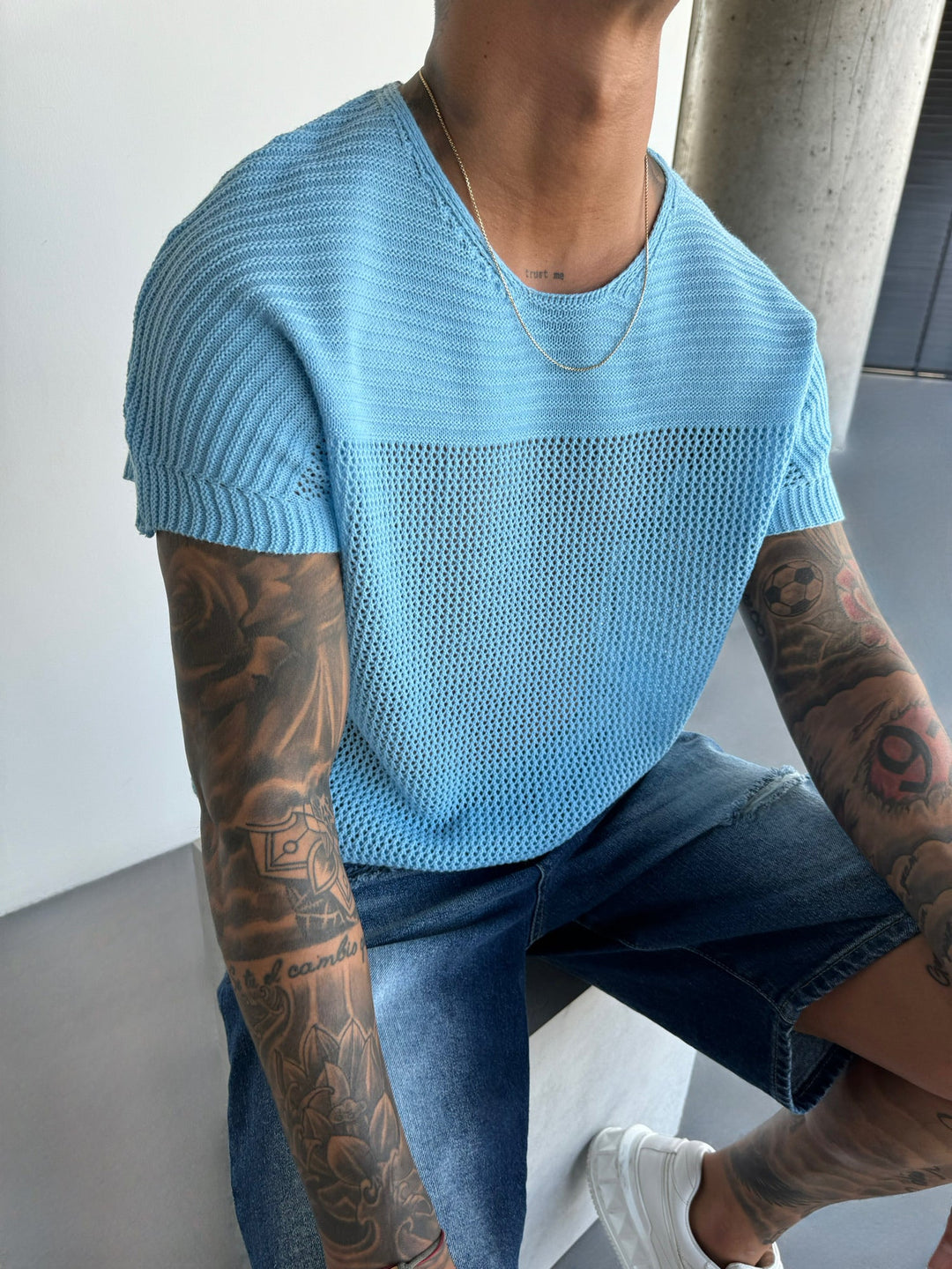 Oversize Texturerad Stickad T-shirt - Babyblå