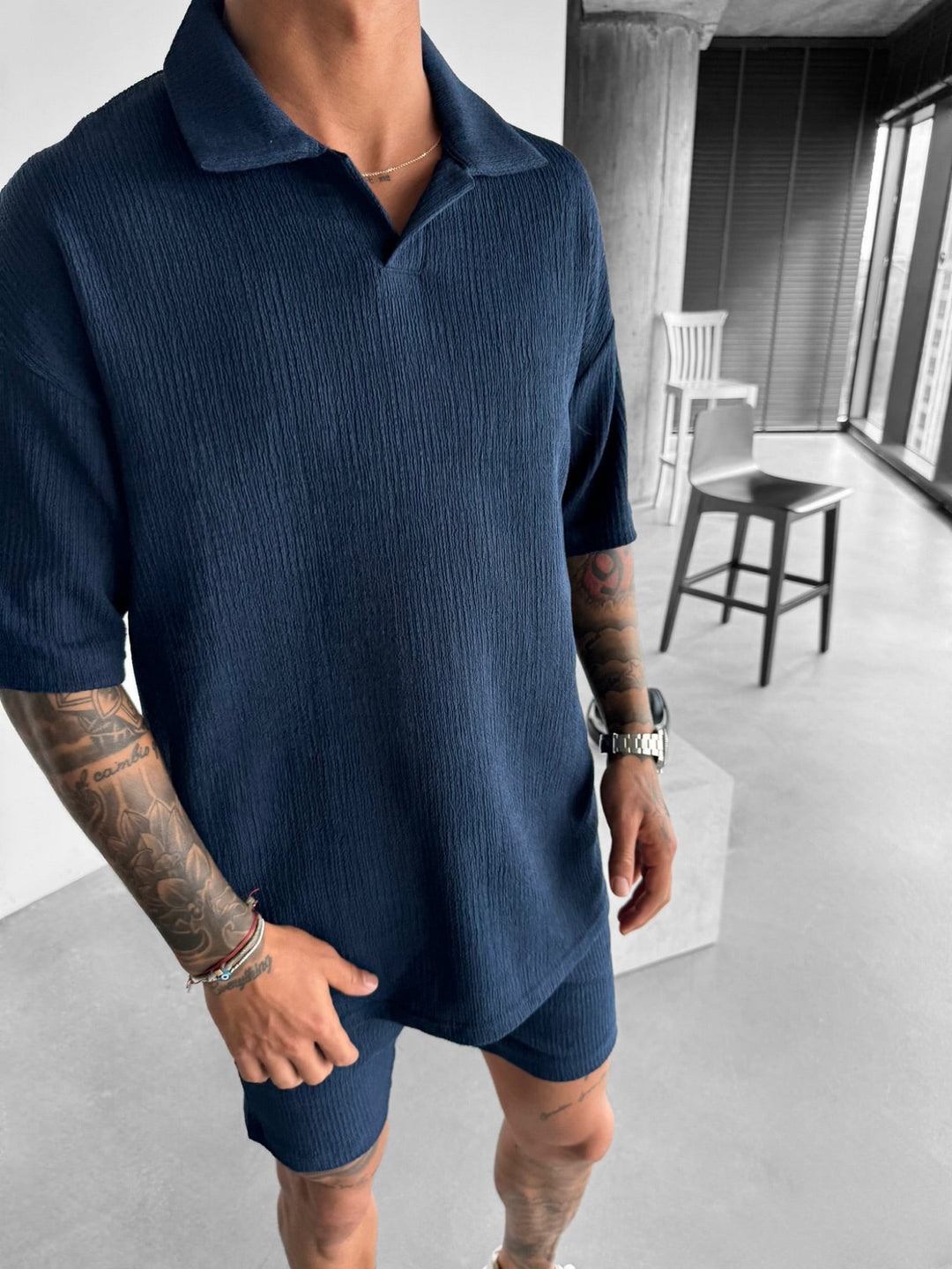 Överdimensionerad Crepe Polo T-Shirt - Indigo