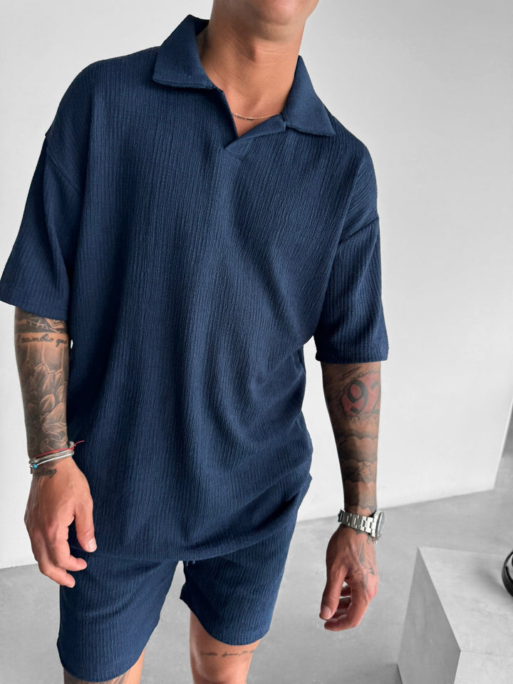 Överdimensionerad Crepe Polo T-Shirt - Indigo
