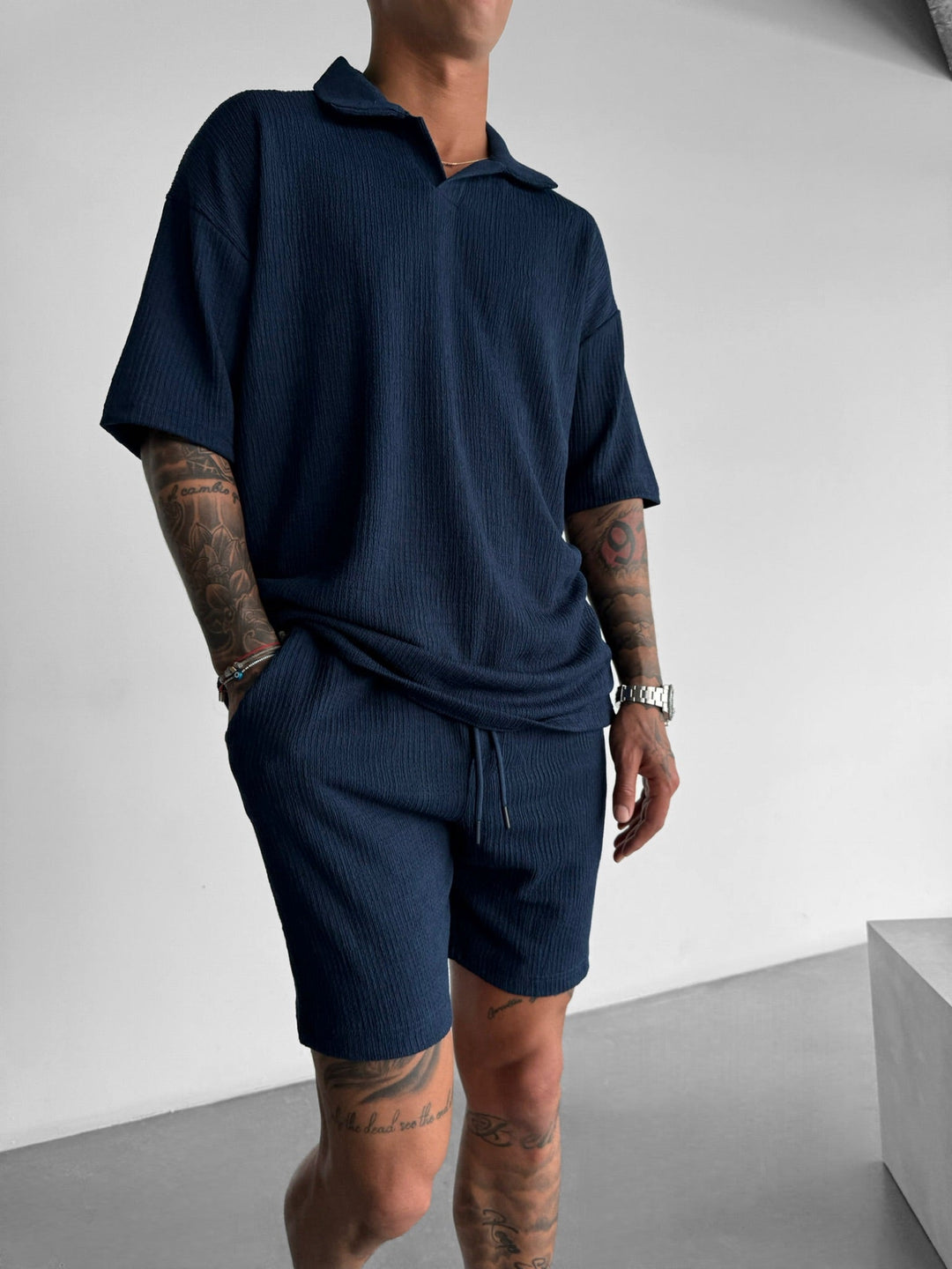 Överdimensionerad Crepe Polo T-Shirt - Indigo