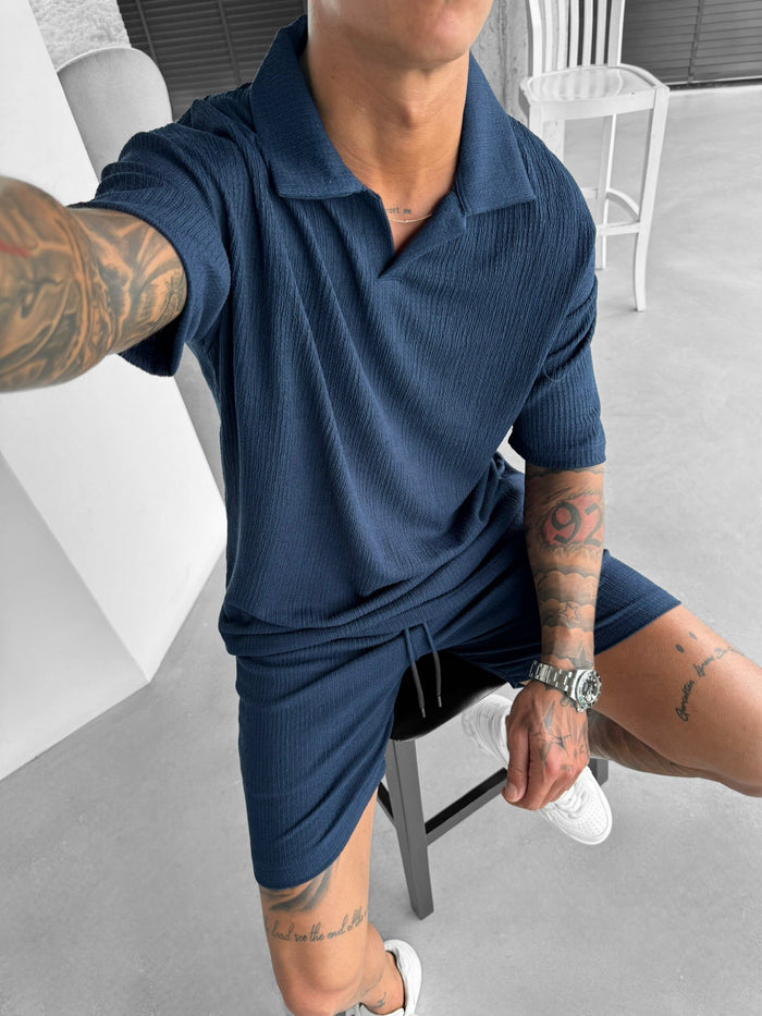 Överdimensionerad Crepe Polo T-Shirt - Indigo