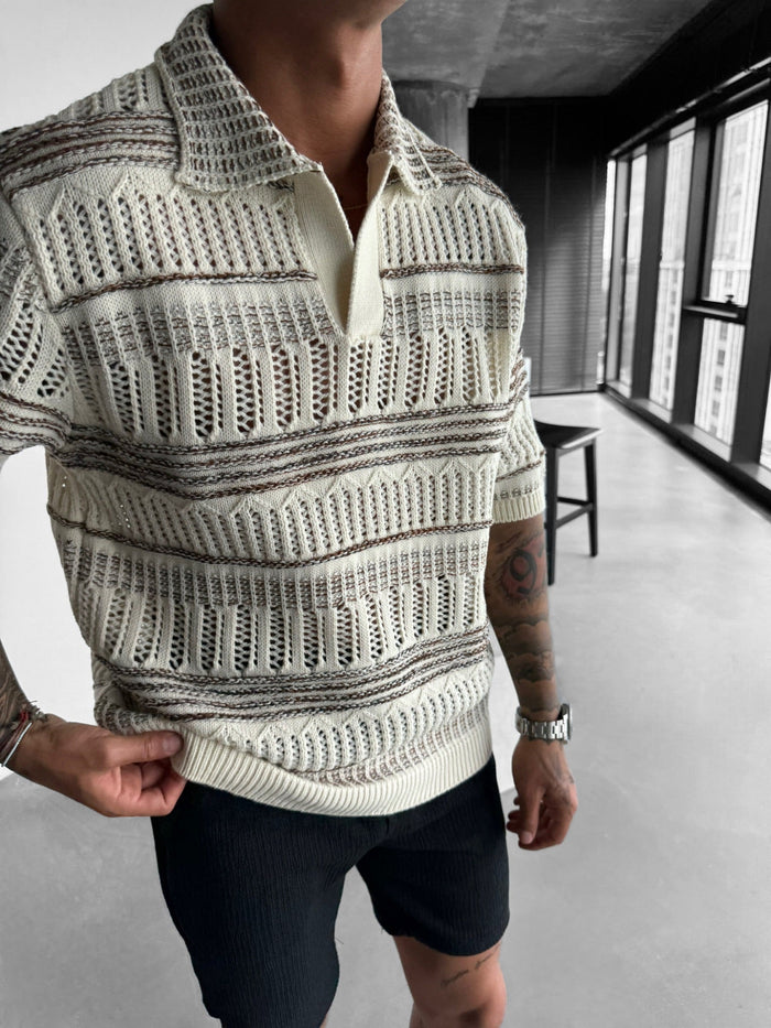 Oversize Stickad Polo T-Shirt - Brun