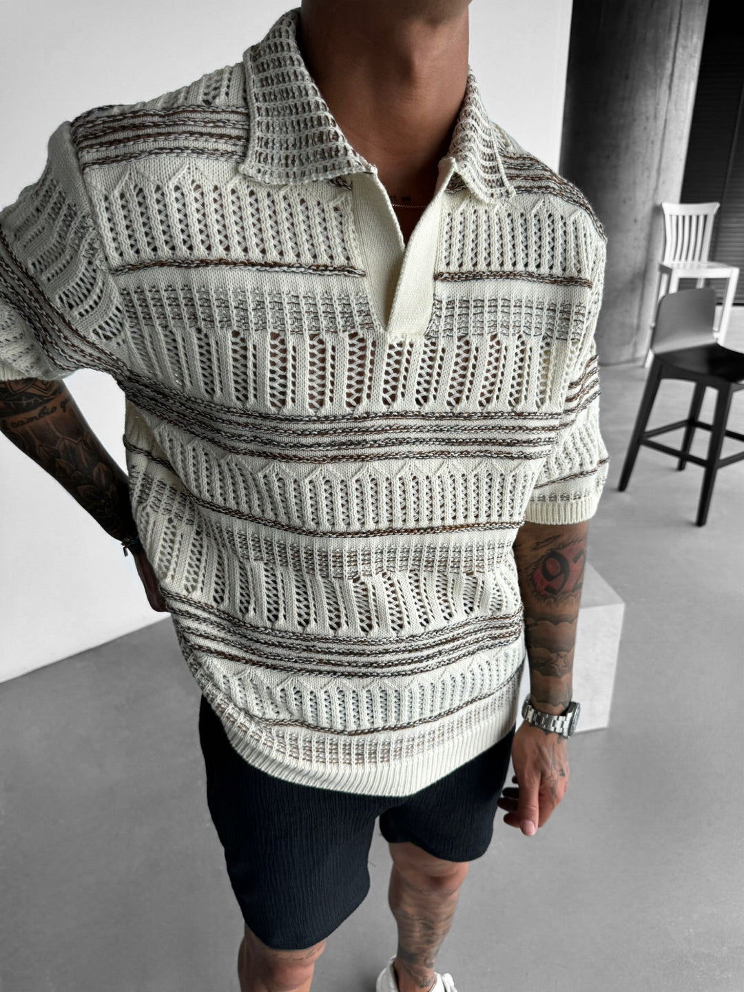 Oversize Stickad Polo T-Shirt - Brun