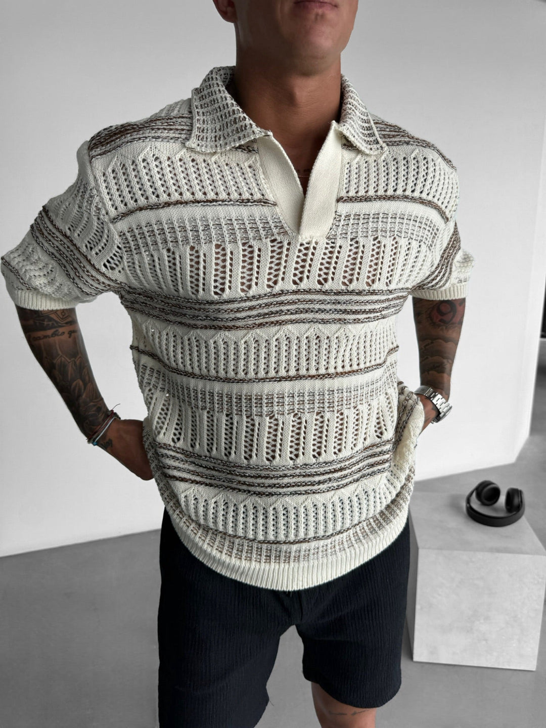 Oversize Stickad Polo T-Shirt - Brun