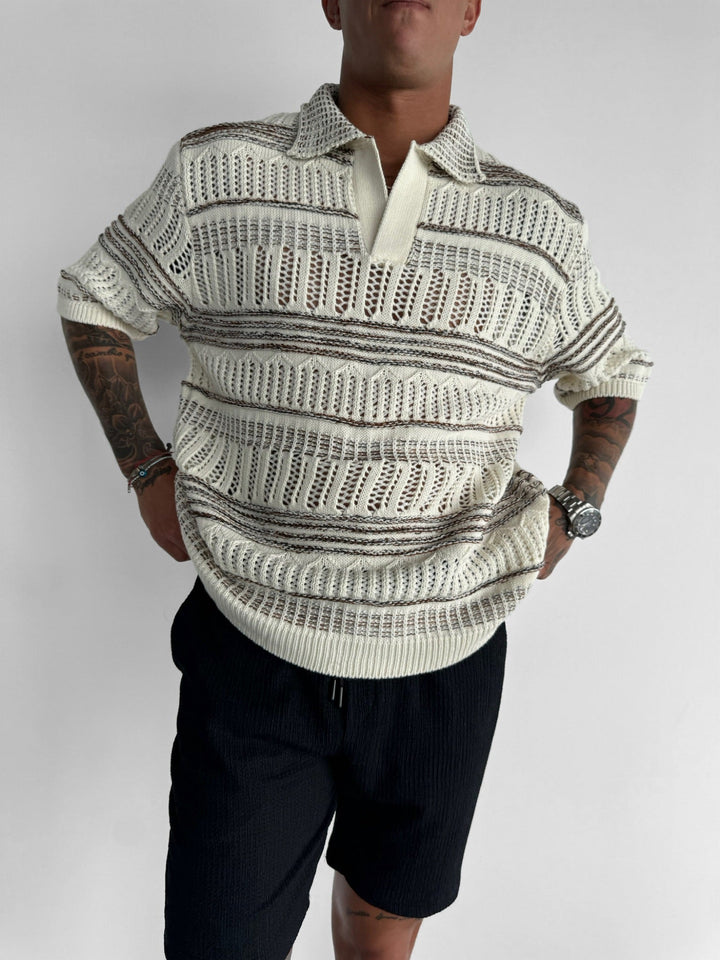 Oversize Stickad Polo T-Shirt - Brun