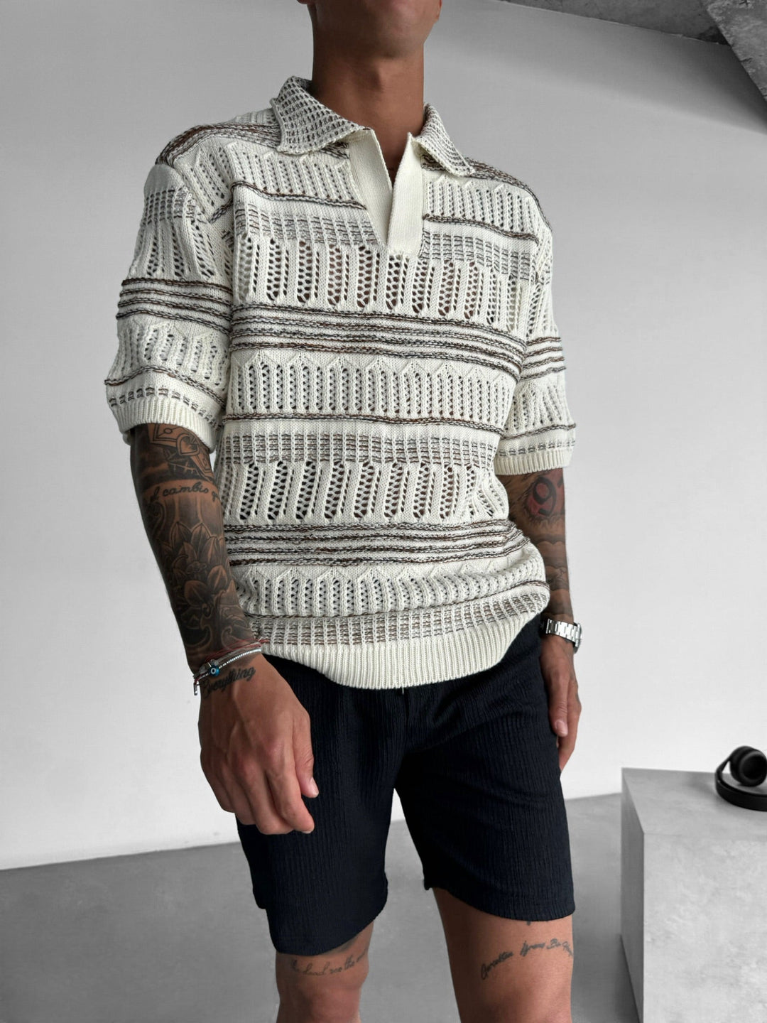Oversize Stickad Polo T-Shirt - Brun
