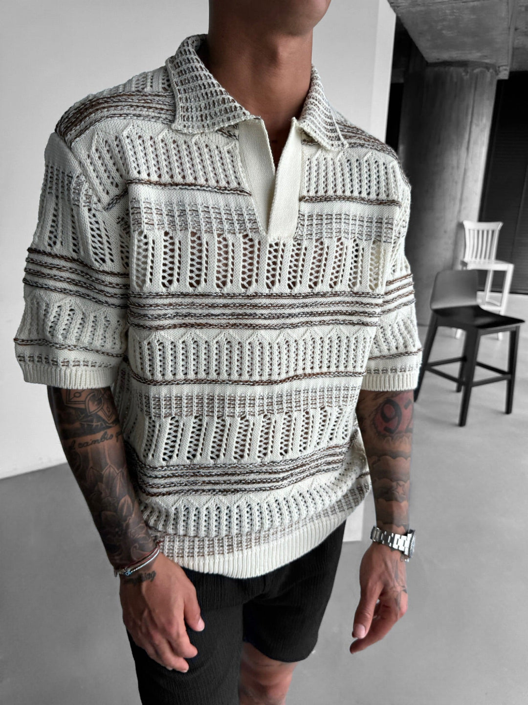 Oversize Stickad Polo T-Shirt - Brun
