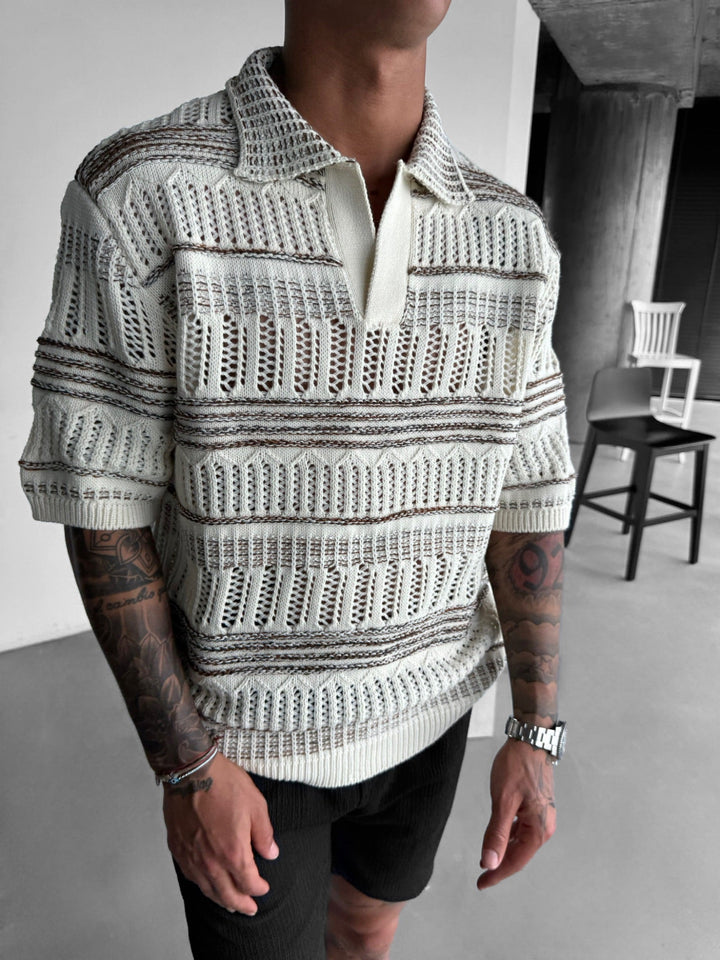 Oversize Stickad Polo T-Shirt - Brun