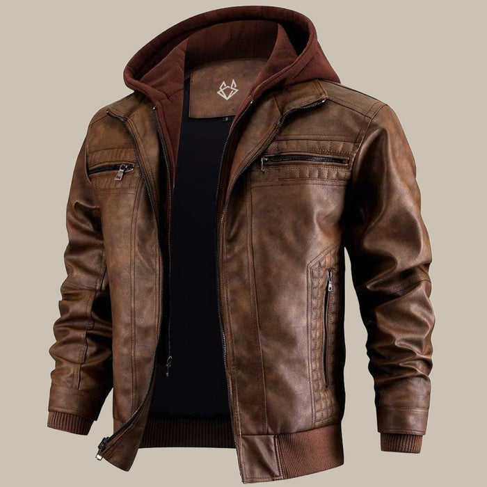 Herr Läderjakka med Huva och Blixtlås – Bikerstil