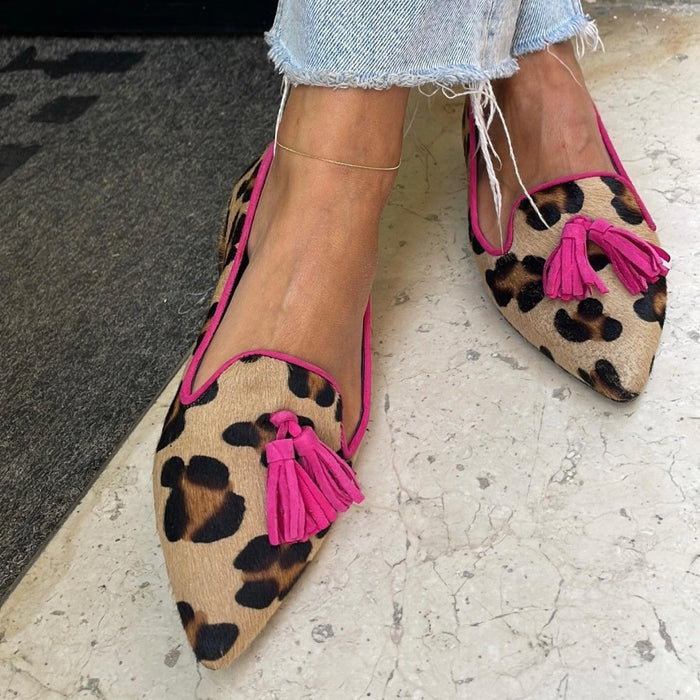 Dam Spetsiga Loafers med Tofsar och Leopardmönster