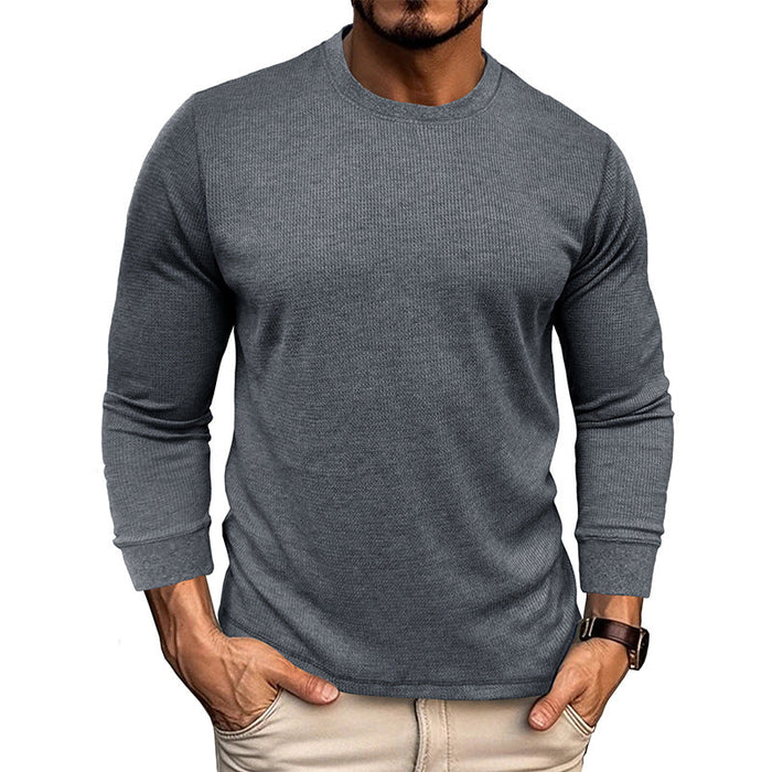 Herr Långärmad T-Shirt med Ribbad Textur och Rund Hals