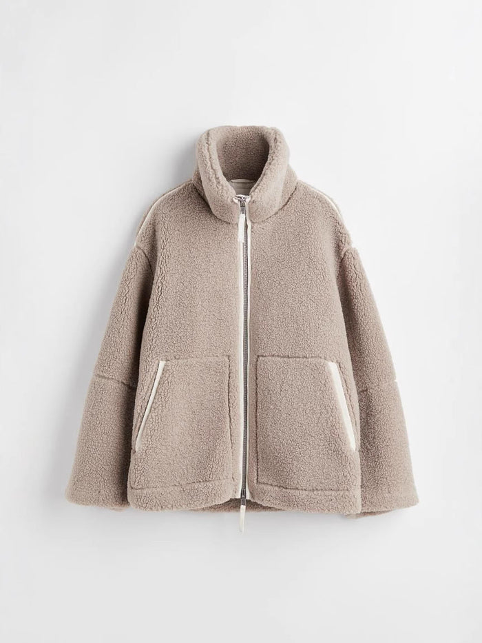 Dam Oversized Teddyjacka med Dragkedja och Ståkrage
