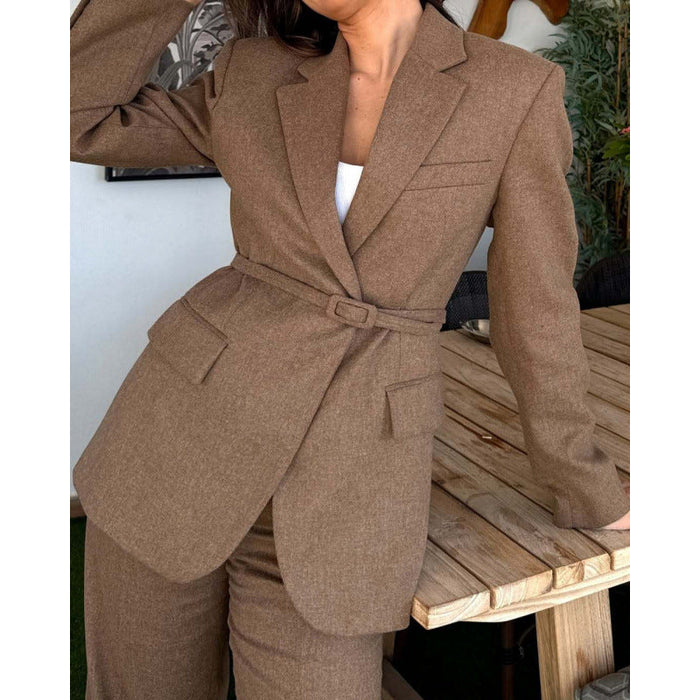 Dam Blazer med Bälte Midja och V-Ringning