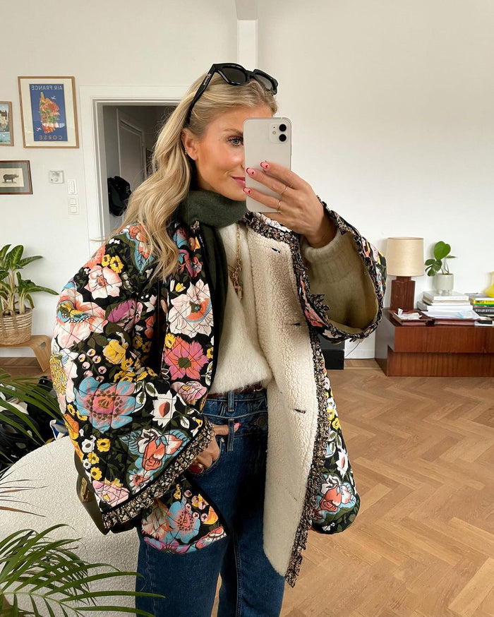 Dam Steppjacka med Blommönster och Lång Passform